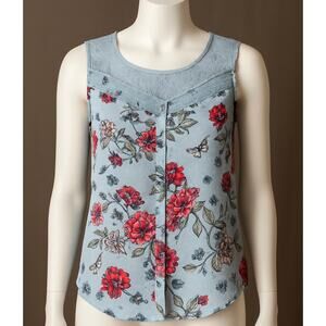 Candie’s Floral Lace Blue Butterfly Blouse Women’s Small Sleeveless Top